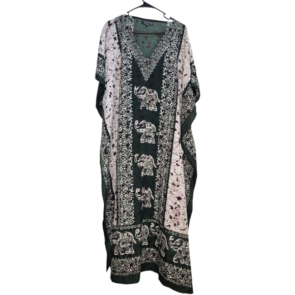 Green and White Elephant Print Kaftan With gold details - Picture 1 of 10